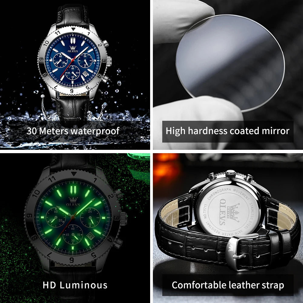 Reloj de cuarzo original para hombre, correa de cuero, cronógrafo, calendario, relojes de pulsera luminosos impermeables para hombre