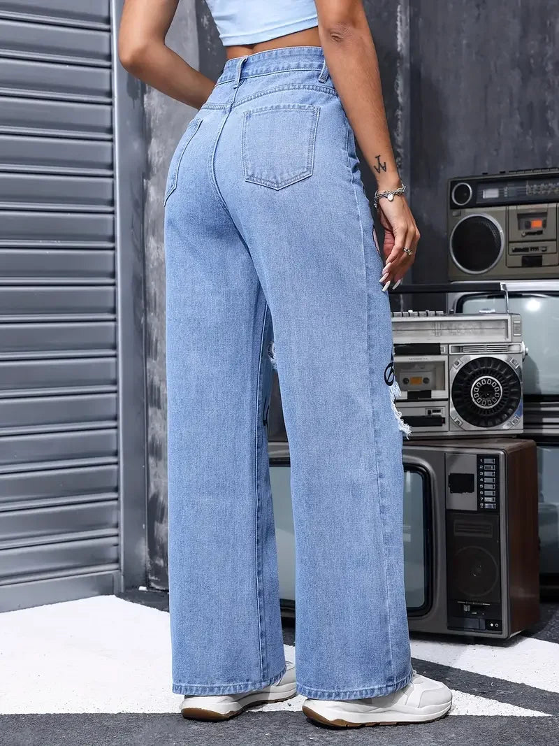 Pantalones vaqueros con estampado de mariposa y botones de cintura alta para mujer, Pantalón recto informal a la moda para mujer, Vaqueros rasgados elegantes para primavera y verano