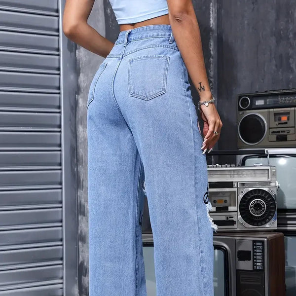 Pantalones vaqueros con estampado de mariposa y botones de cintura alta para mujer, Pantalón recto informal a la moda para mujer, Vaqueros rasgados elegantes para primavera y verano