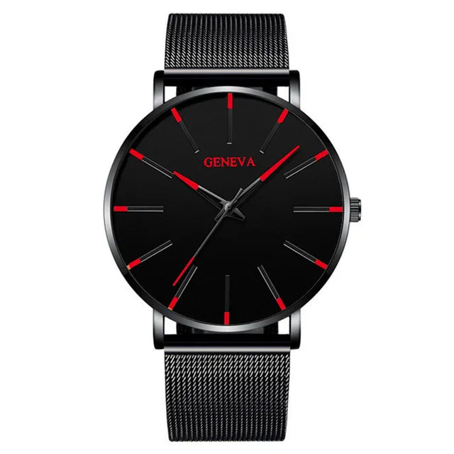 Relojes negros de negocios a la moda para hombre, reloj de pulsera de cuarzo con correa de malla ultrafina de acero inoxidable de lujo para hombre, reloj clásico informal para hombre