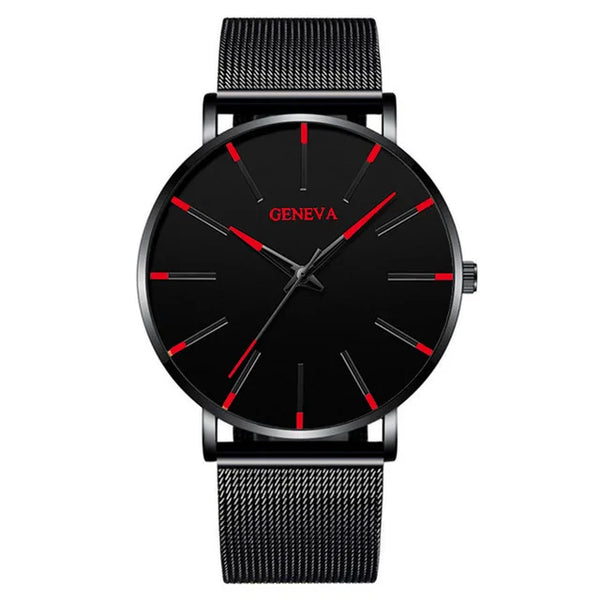 Relojes negros de negocios a la moda para hombre, reloj de pulsera de cuarzo con correa de malla ultrafina de acero inoxidable de lujo para hombre, reloj clásico informal para hombre