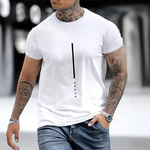 ¡Novedades 2025! Camiseta de manga corta negra pura con letras sencillas estampadas con cuello redondo, camiseta informal para hombre con temperamento para Calle