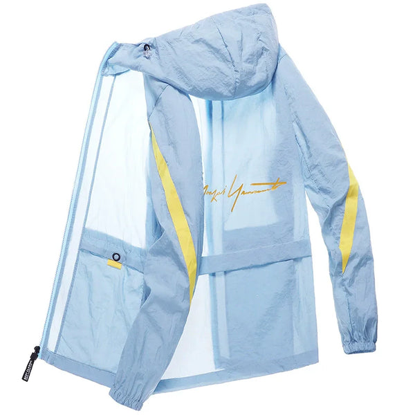 Chaqueta con capucha grande de seda helada de verano para hombres, ligera, transpirable, de secado rápido, ropa de pesca con protección solar, chaqueta con capucha a la moda