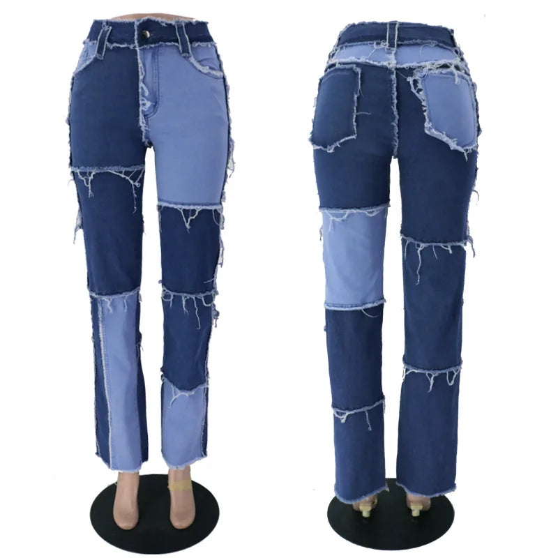 Pantalon jean de retazos de colores variados para mujer, vaqueros rectos de alta elasticidad a la moda, pantalones Hipster de calle