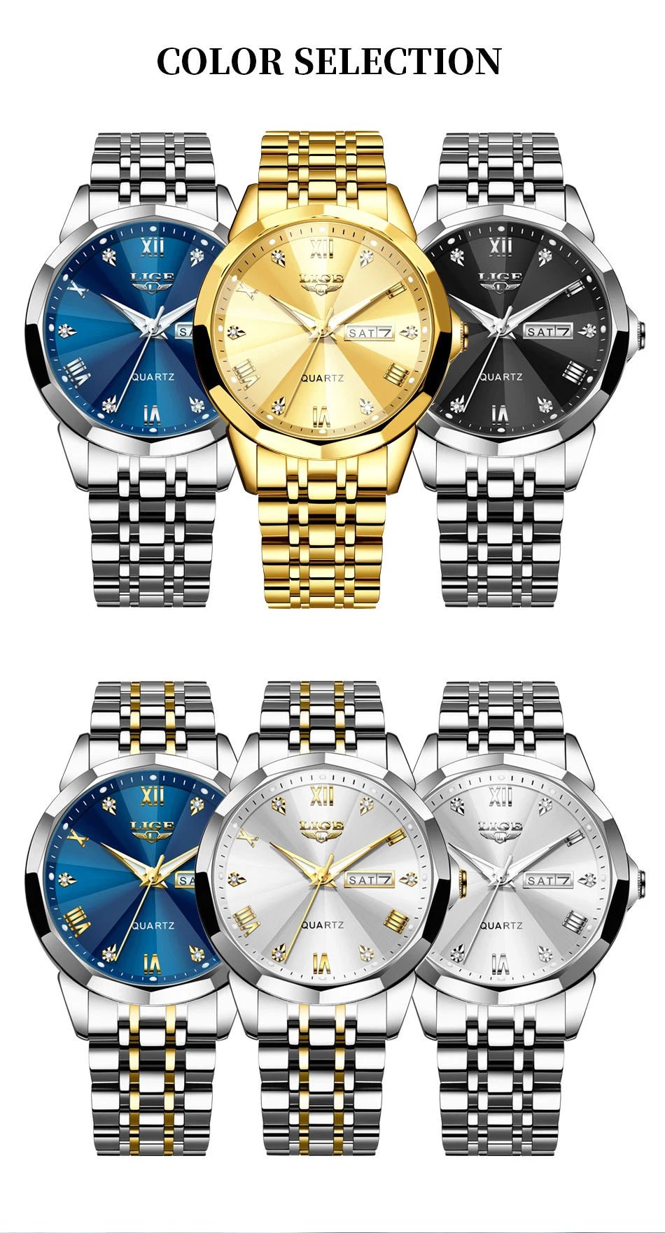 Reloj de pulsera LIGE de cuarzo a la moda, reloj resistente al agua de lujo de marca elegante