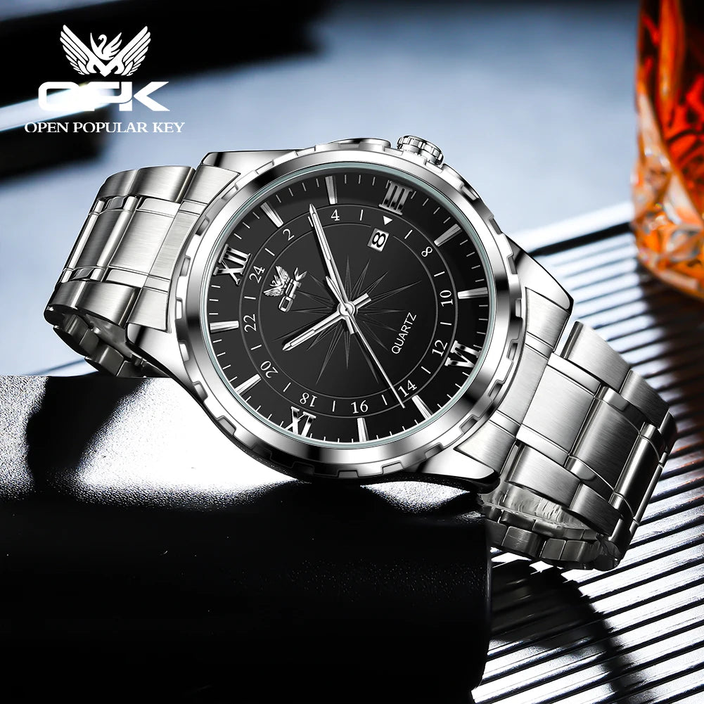 Reloj de cuarzo para hombre con doble calendario y correa de acero marca OPK