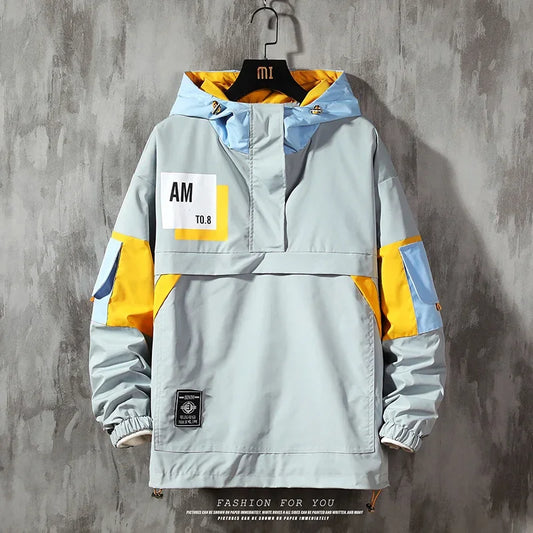 Chaqueta con capucha para hombre, ropa de calle a la moda, chaqueta con capucha de retales con contraste de Color, cortavientos impermeable, abrigo con cremallera, prendas de vestir para hombre