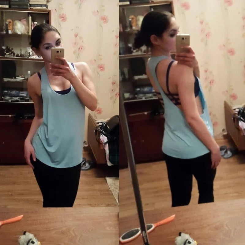 Camiseta deportiva nueva para mujer, camiseta sin mangas deportiva para Fitness, parte trasera en forma de T, camiseta sin mangas ajustada de secado rápido para hacer deporte