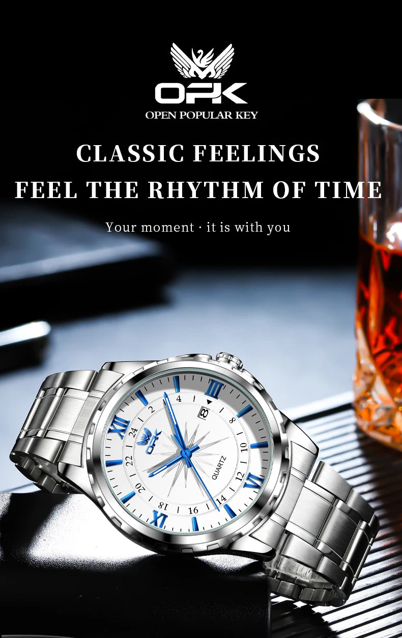 Reloj de cuarzo para hombre con doble calendario y correa de acero marca OPK