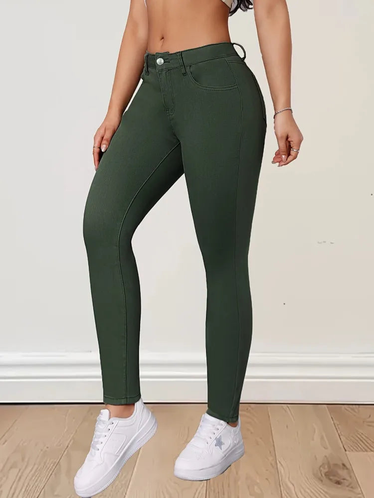 Pantalon vaquero elástico de moda verde militar, pantalon Jean que realza tu figura