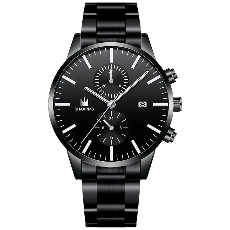 Reloj de cuarzo de negocios para hombre, cronógrafo con correa de acero inoxidable, tres ojos falsos, seis Pines, calendario