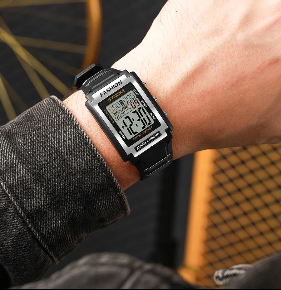 Reloj electrónico deportivo Rectangular para hombre, resistente al agua, luz nocturna de 50M, pantalla grande, despertador, estilo Retro de tendencia