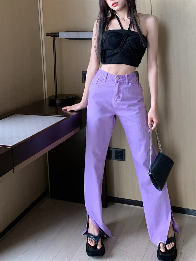 Pantalon Jean de tendencia para mujer, Pantalones vaqueros rasgados con hendidura casuales sueltos de pierna recta de cintura alta