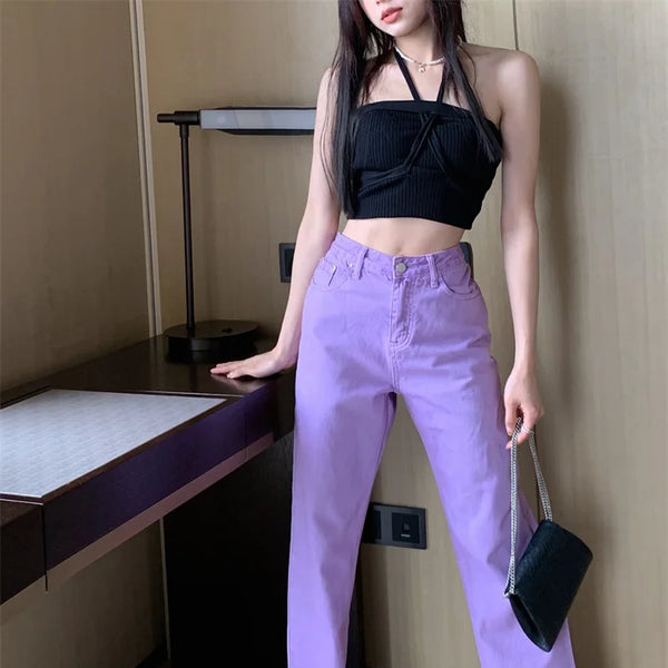 Pantalon Jean de tendencia para mujer, Pantalones vaqueros rasgados con hendidura casuales sueltos de pierna recta de cintura alta