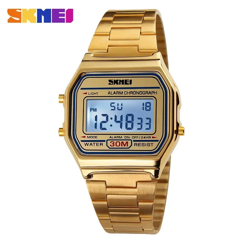 Reloj deportivo digital SKMEI para hombre, reloj de pulsera electrónico de acero inoxidable de lujo resistentes al agua