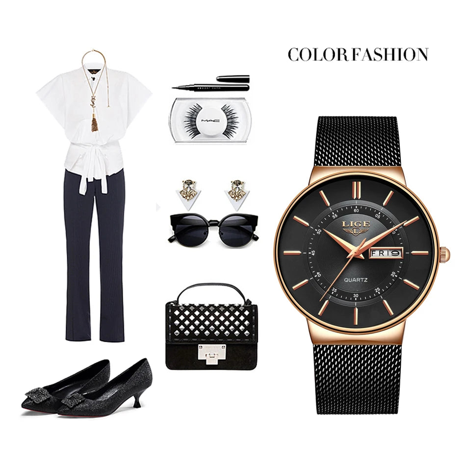 Reloj LIGE para mujer, reloj lujoso y elegante de cuarzo ultrafino