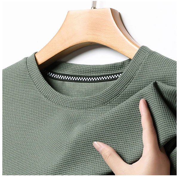 Nueva camiseta de manga corta con cuello redondo y gofres de verano para hombre, Top de manga corta