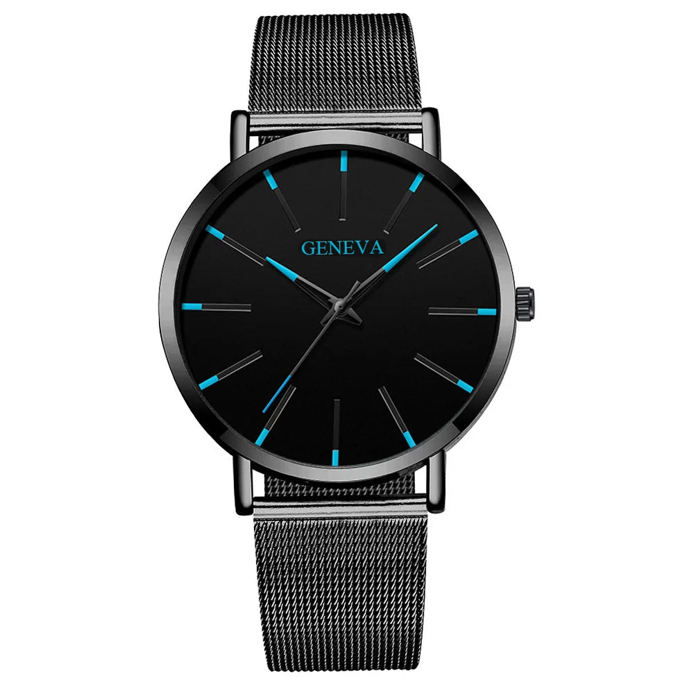 Relojes negros de negocios a la moda para hombre, reloj de pulsera de cuarzo con correa de malla ultrafina de acero inoxidable de lujo para hombre, reloj clásico informal para hombre