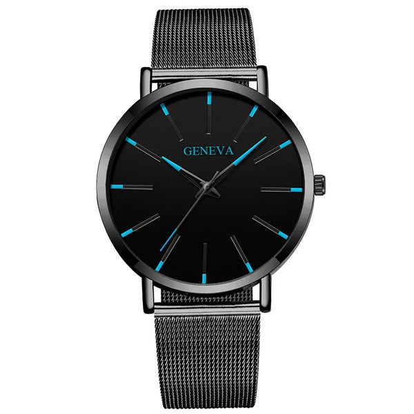 Relojes negros de negocios a la moda para hombre, reloj de pulsera de cuarzo con correa de malla ultrafina de acero inoxidable de lujo para hombre, reloj clásico informal para hombre