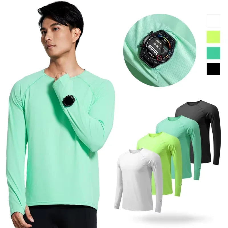 Camiseta para correr maratón para hombre, camiseta de manga larga Anti-UV de secado rápido para entrenamiento, traje de entrenamiento físico con agujero para el pulgar, puño antiestático