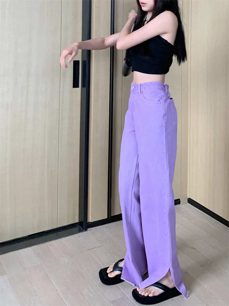 Pantalon Jean de tendencia para mujer, Pantalones vaqueros rasgados con hendidura casuales sueltos de pierna recta de cintura alta