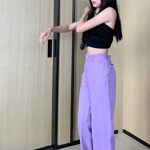 Pantalon Jean de tendencia para mujer, Pantalones vaqueros rasgados con hendidura casuales sueltos de pierna recta de cintura alta