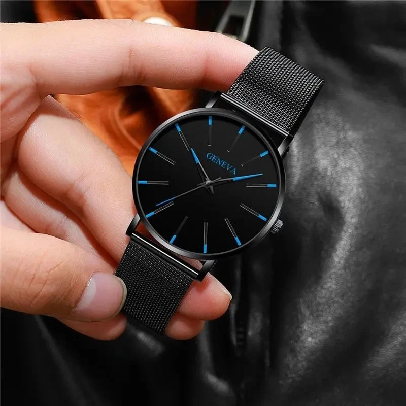 Relojes negros de negocios a la moda para hombre, reloj de pulsera de cuarzo con correa de malla ultrafina de acero inoxidable de lujo para hombre, reloj clásico informal para hombre