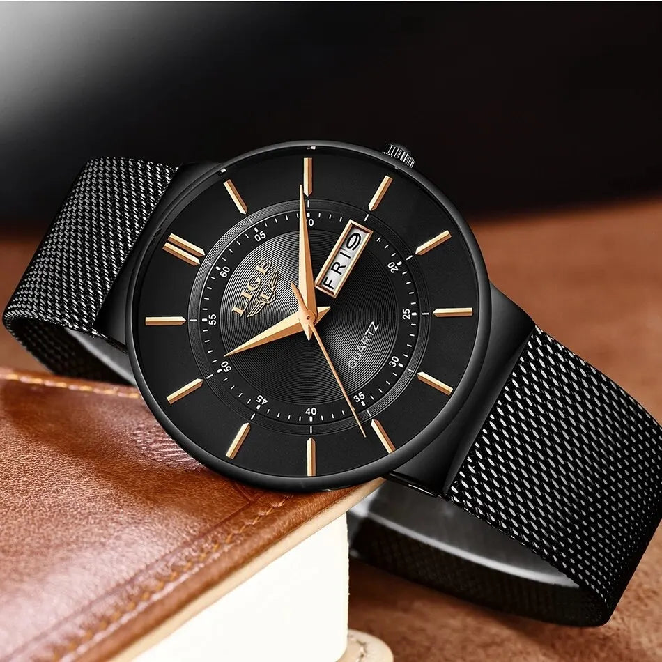 Reloj de lujo para hombre, reloj de fecha ultrafino resistente al agua, correa de acero, reloj de cuarzo informal