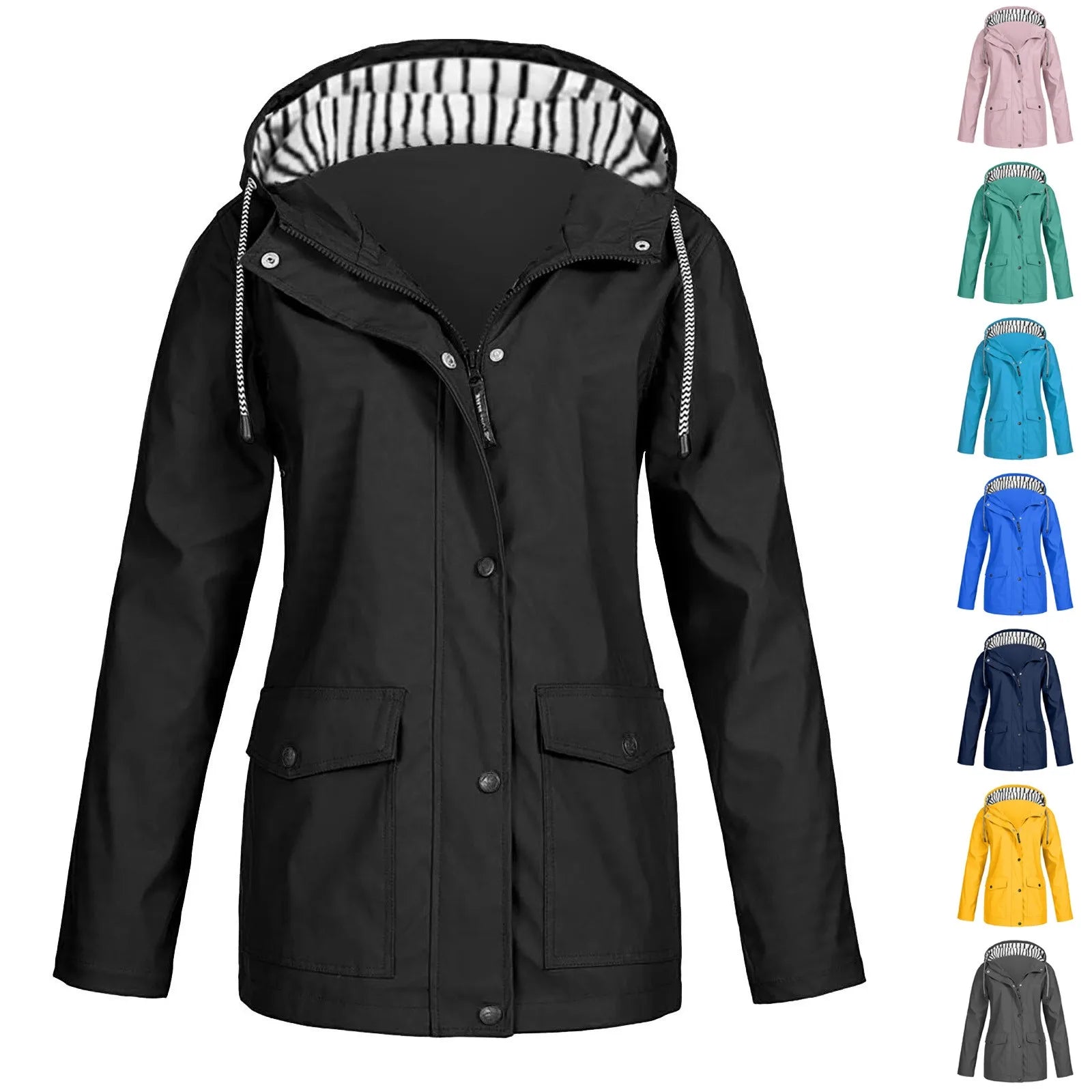 Chaqueta impermeable para mujer, gabardinas largas con capucha, cortavientos forrado, chaqueta de viaje, chaqueta de lluvia a rayas sólidas para exteriores