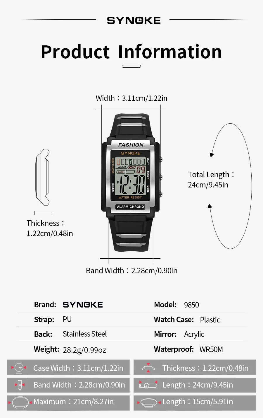 Reloj electrónico deportivo Rectangular para hombre, resistente al agua, luz nocturna de 50M, pantalla grande, despertador, estilo Retro de tendencia