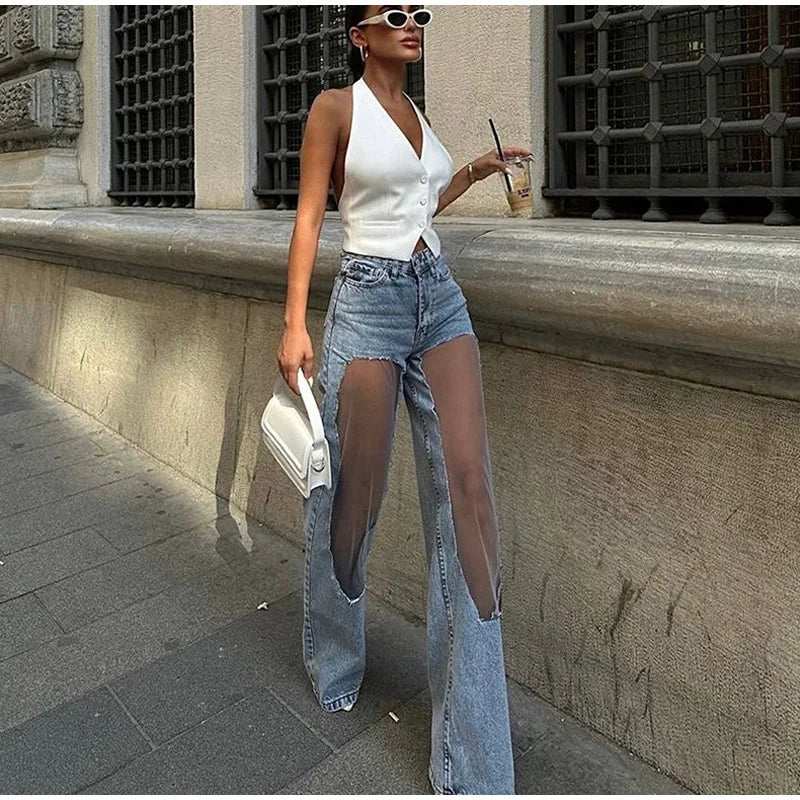 Pantalon vaquero de diseñador para mujer, pantalones vaqueros con paneles hasta la rodilla de malla transparente, pantalones de calle de cintura alta desgastados estilo Hip Hop