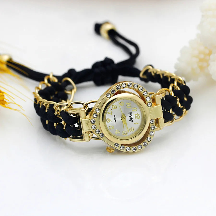 Reloj de Vestir para Mujer Loving Heart Gold Nuevo Reloj de Pulsera Tejido a Mano para Damas Color Reloj de Tela con Brillantes de Imitación Relucientes Reloj Dulce para Chicas