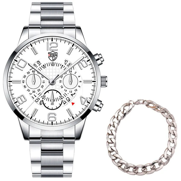 Conjunto de relojes de pulsera para hombre, 2 uds., deportivo de lujo, de cuarzo, de acero inoxidable y plateado, informal, de negocios