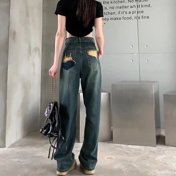Pantalones vaqueros de pierna ancha para mujer, pantalón de pierna recta contrastante de cintura alta, pantalones sueltos de otoño para mujer, ropa de calle