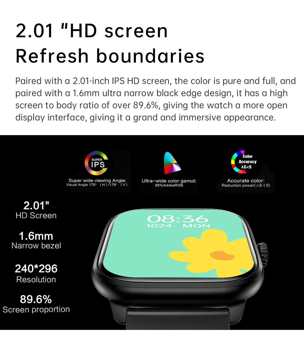 Reloj inteligente con Bluetooth, llamadas, música, relojes inteligentes para hombres, pantalla completamente táctil de 2,01 ", rastreador de Fitness, reloj inteligente resistente al agua