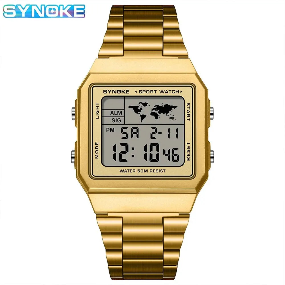 Reloj de acero inoxidable para hombre, cronógrafo de pulsera Digital con pantalla de luz trasera, resistente al agua, 5bar