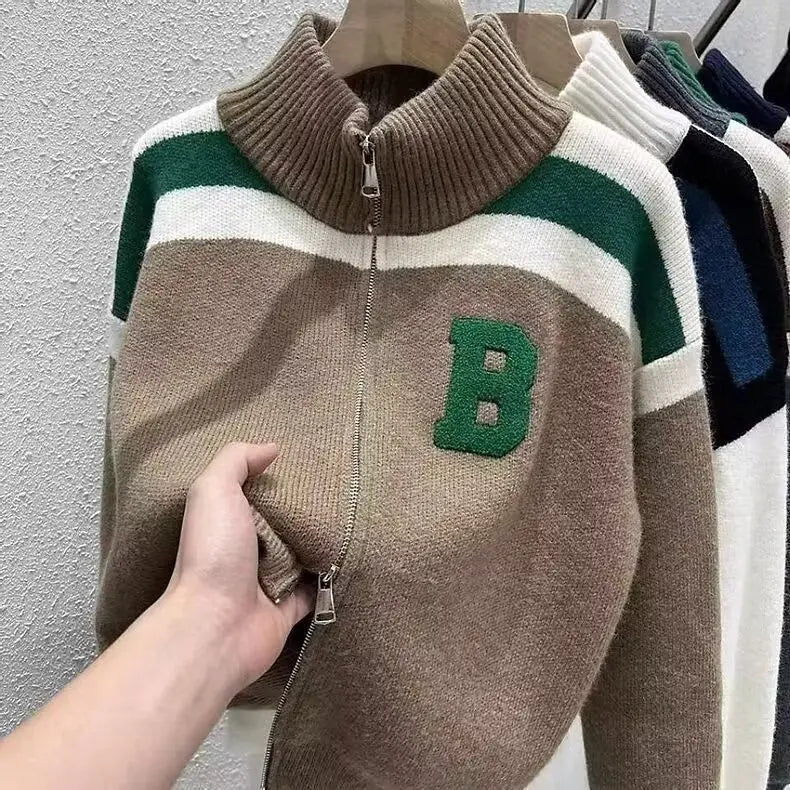 Cárdigan tejido con cuello de media altura y cremallera, suéter de retazos con letras, abrigo para hombre y mujer, Tops de moda de nueva tendencia para Otoño e Invierno