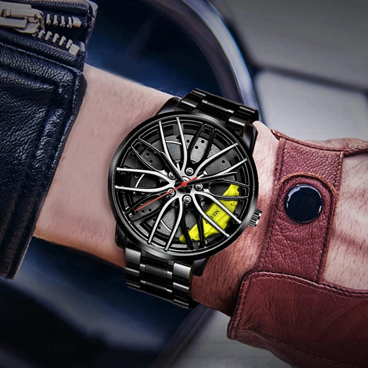 Reloj deportivos para hombre con diseño de cubo de llanta de rueda de coche, reloj de pulsera de cuarzo de acero inoxidable resistente al agua,