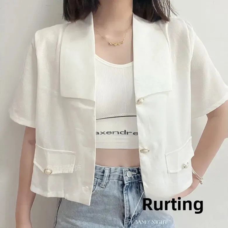 Chaqueta corta de estilo de fragancia para mujer, abrigo informal holgado de manga corta de fibra de poliéster, versión coreana, novedad de verano