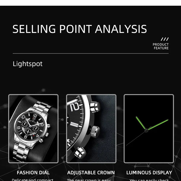 Conjunto de relojes de pulsera para hombre, 2 uds., deportivo de lujo, de cuarzo, de acero inoxidable y plateado, informal, de negocios