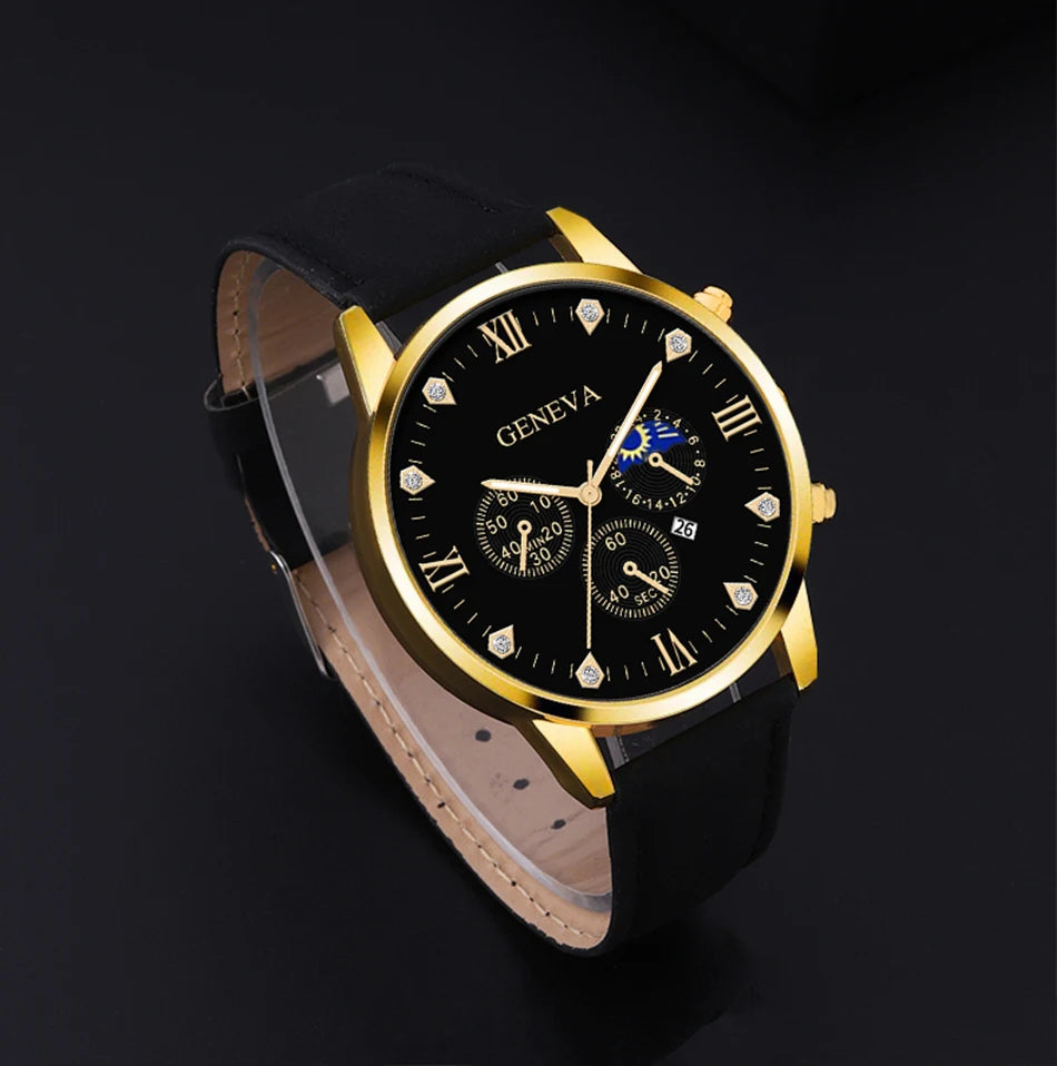 Reloj de pulsera de cuarzo para hombre, conjunto de 2 piezas, con puntero redondo y calendario
