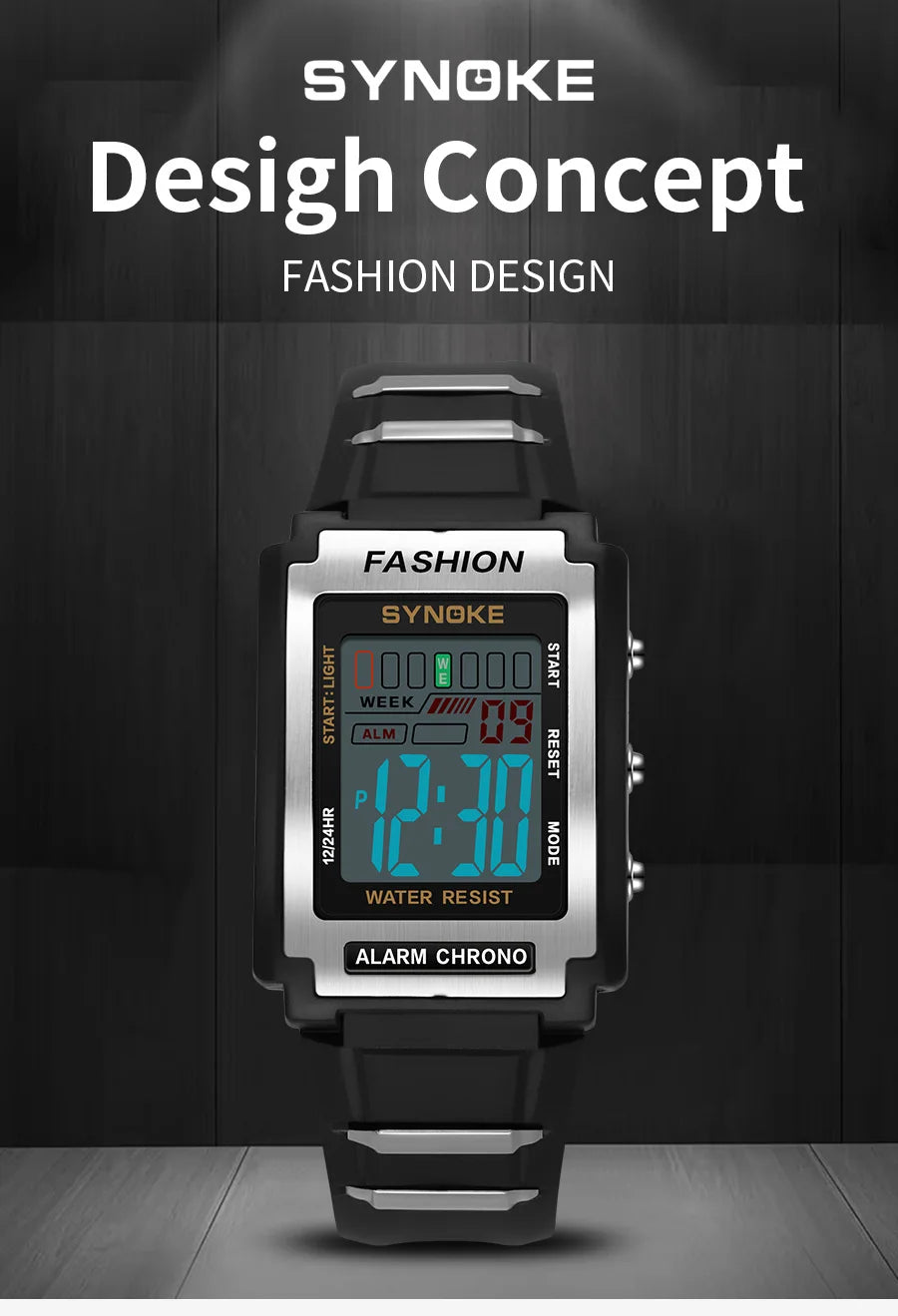 Reloj electrónico deportivo Rectangular para hombre, resistente al agua, luz nocturna de 50M, pantalla grande, despertador, estilo Retro de tendencia