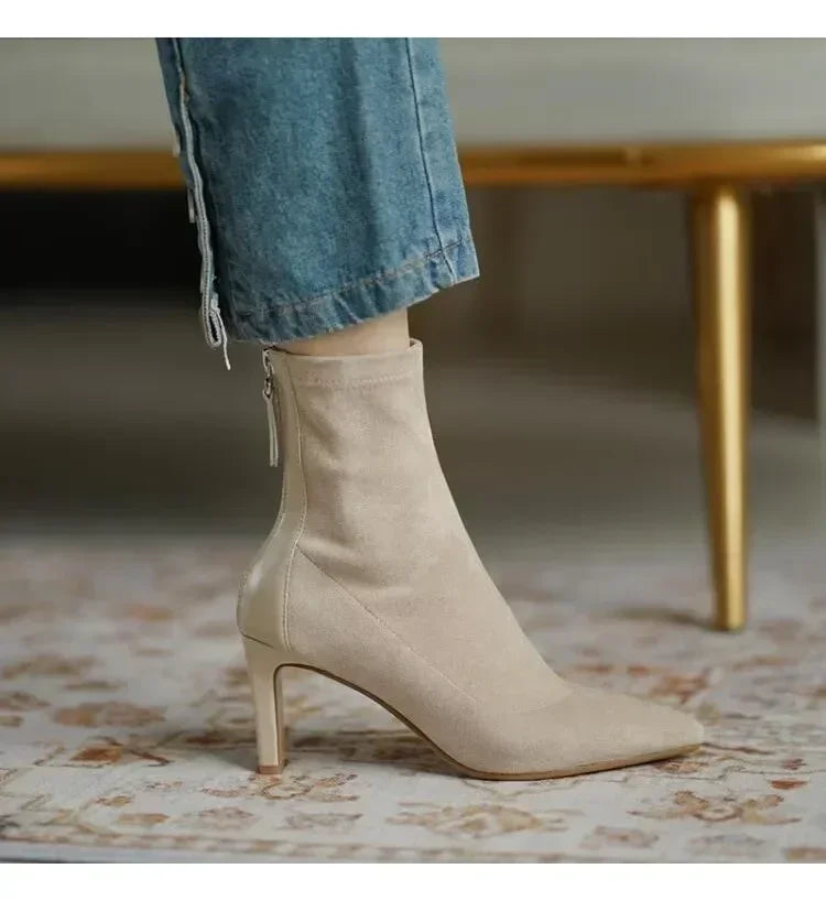 Botas de tacón alto para mujer 2025, estilo coreano de otoño e invierno, tacón medio, botas ajustadas y delgadas, punta en punta, botas tipo calcetín para mujer.