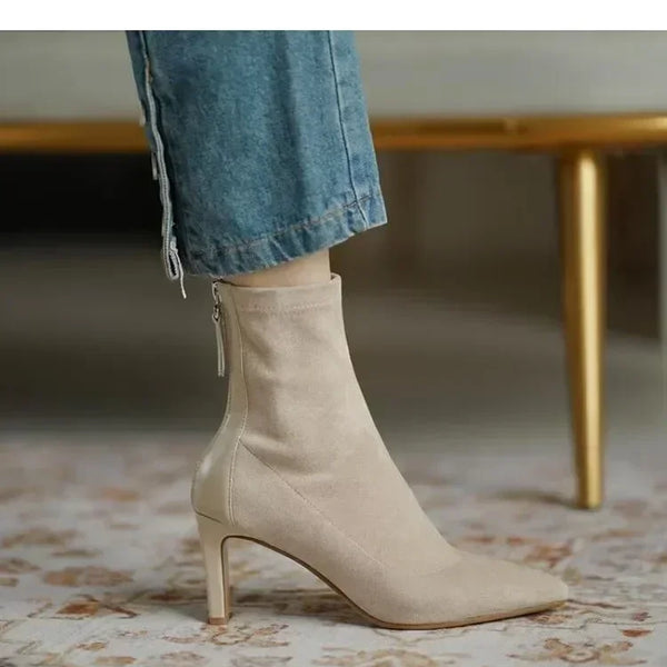 Botas de tacón alto para mujer 2025, estilo coreano de otoño e invierno, tacón medio, botas ajustadas y delgadas, punta en punta, botas tipo calcetín para mujer.
