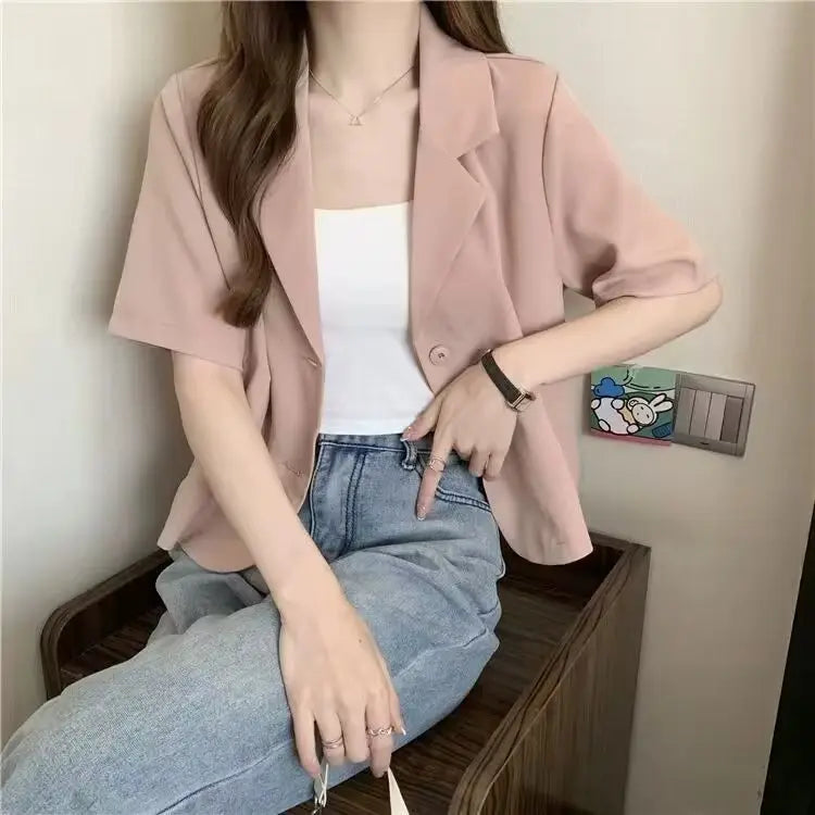 Chaqueta de traje de manga corta para mujer, Tops informales finos de nicho francés de verano 2025