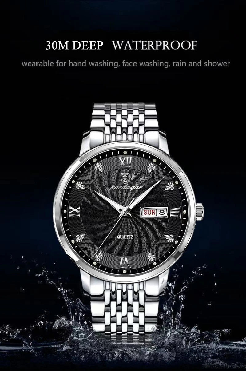 Reloj de lujo para hombre, reloj de pulsera de cuarzo resistente al agua con fecha luminosa y semana, reloj deportivo de moda de acero inoxidable para hombre