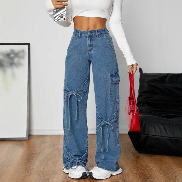 Pantalones vaqueros de mezclilla para mujer, pantalones de pierna ancha rectos, ropa de calle 2025, pantalones desgastados lavados con lazo