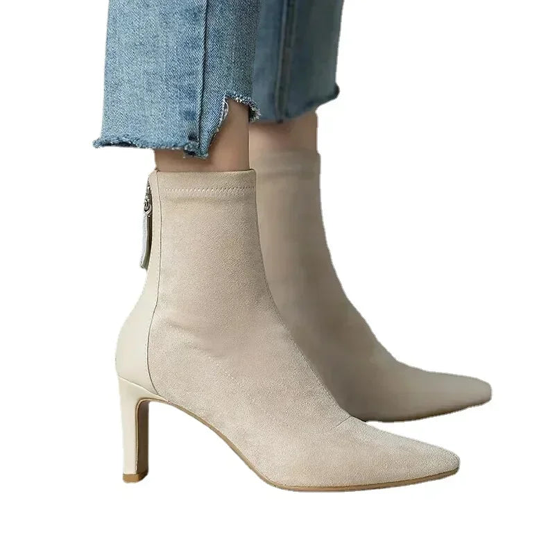 Botas de tacón alto para mujer 2025, estilo coreano de otoño e invierno, tacón medio, botas ajustadas y delgadas, punta en punta, botas tipo calcetín para mujer.