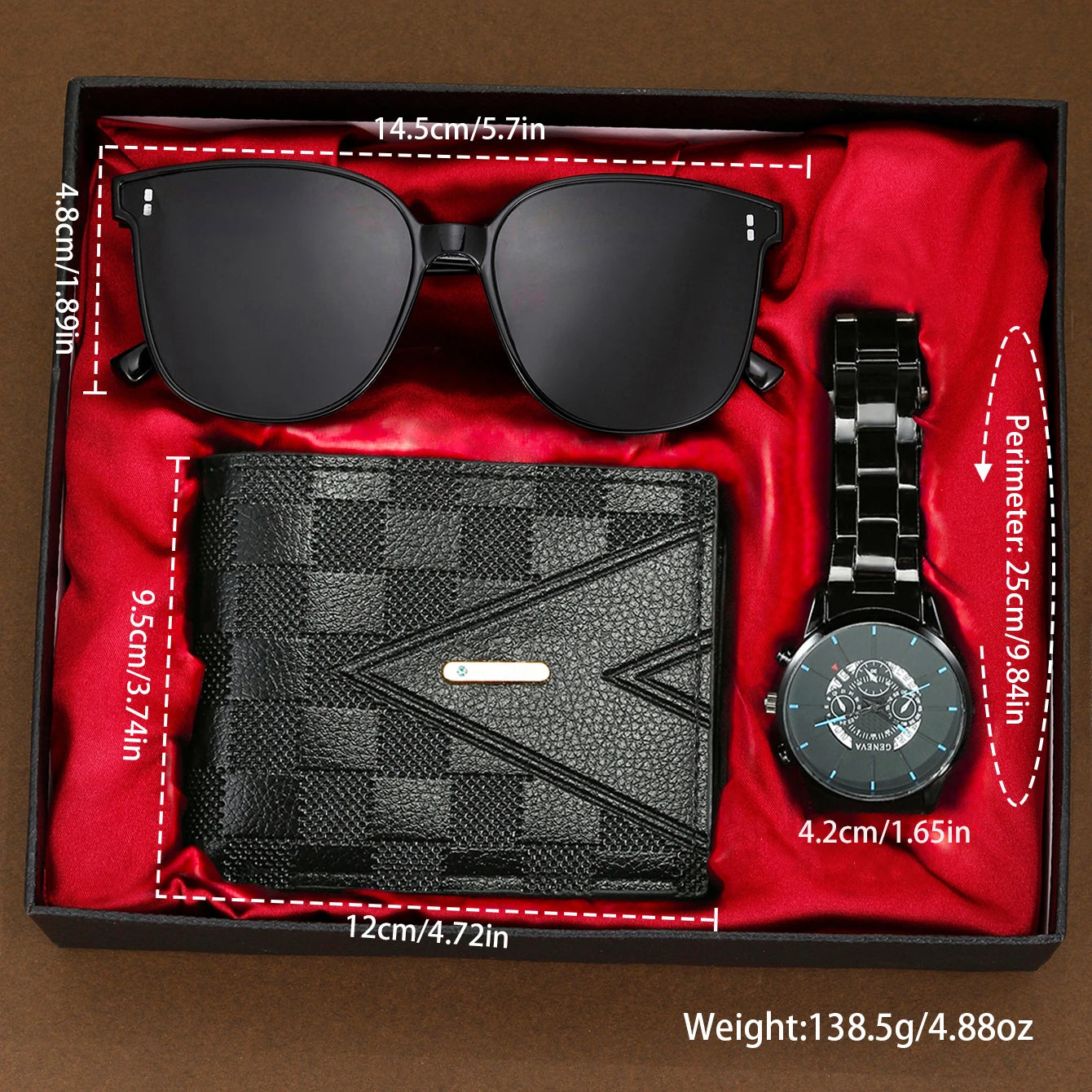 Reloj con banda de acero versátil para hombre, movimiento de cuarzo, gafas de sol, billetera, regalo perfecto para hombre 3 uds.