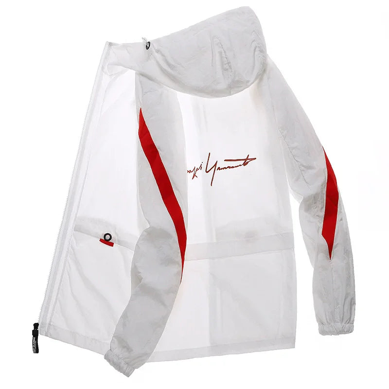 Chaqueta con capucha grande de seda helada de verano para hombres, ligera, transpirable, de secado rápido, ropa de pesca con protección solar, chaqueta con capucha a la moda